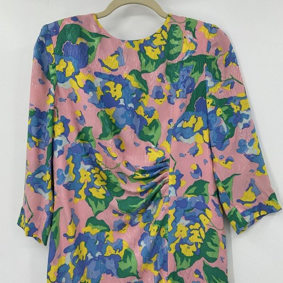 Vintage Mary McFadden Collection Pastel Floral Silk Dress Embossed Shoulder Pads - Picture 4 of 13